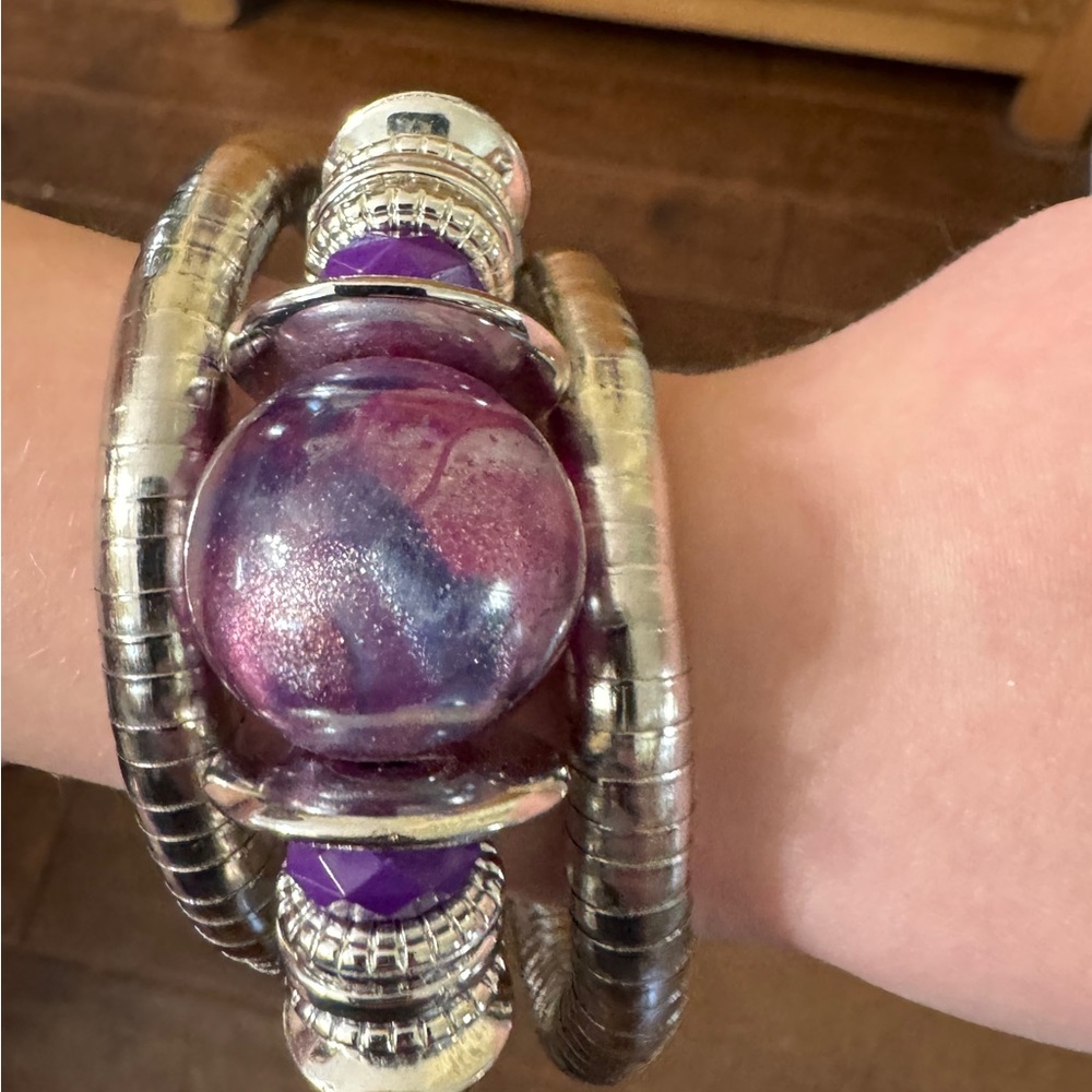 Silver-toned Wrap Bracelet with Purple Accents